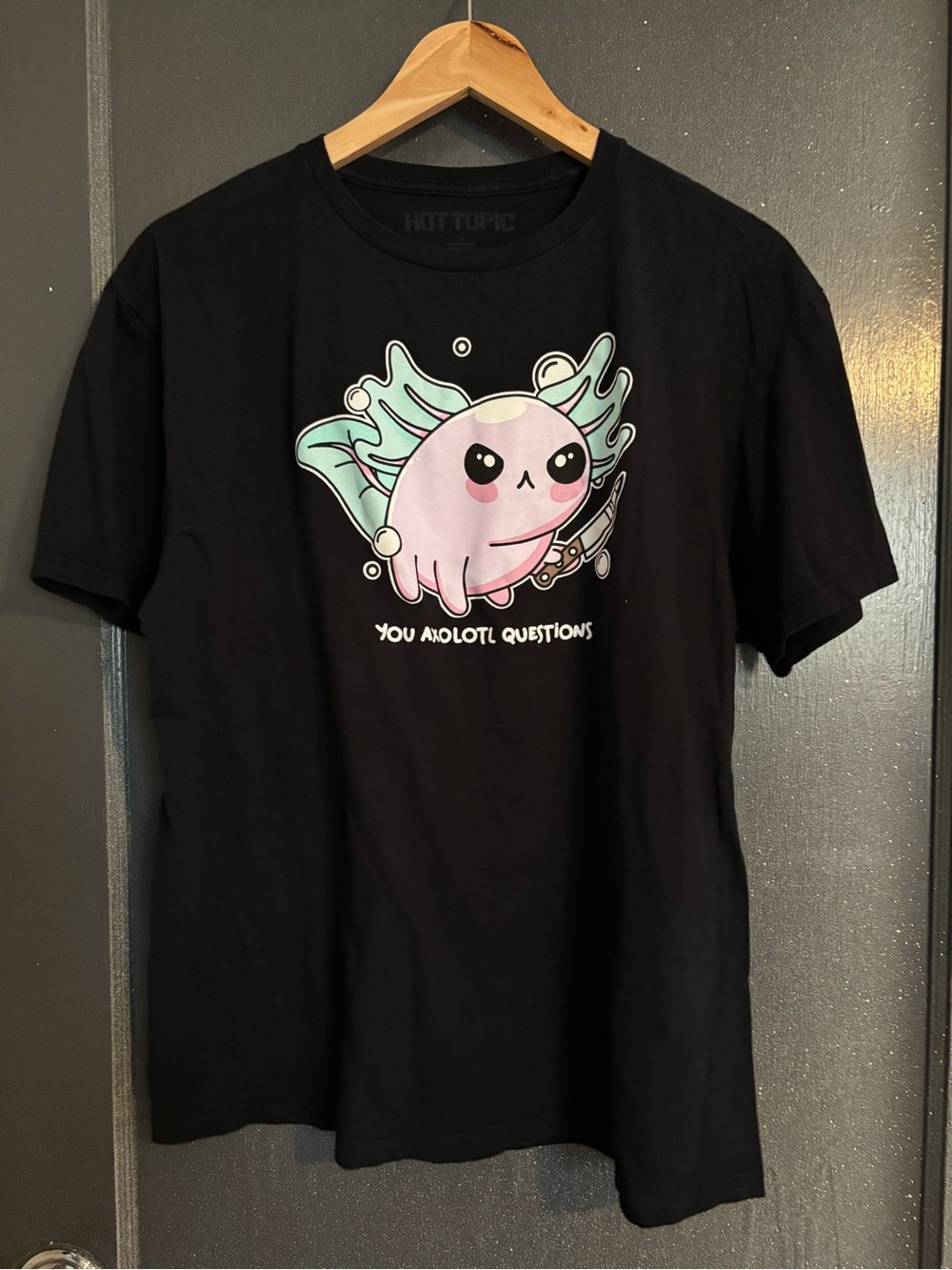 Hot Topic Black Tee with Pink & Mint Axolotl Graphic